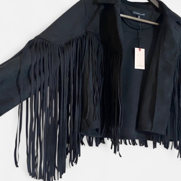 Sincerely Jules Juniors Cropped Fringe Western Jacket Faux Suede Black Small - Picture 2 of 6